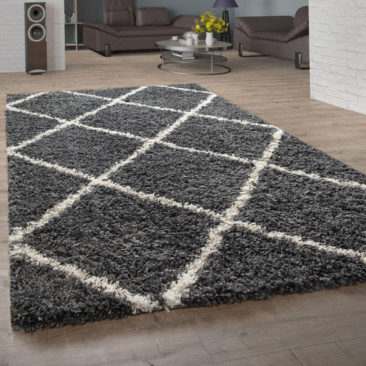 Shag Rug Dark Gray with Diamond Pattern Scandi Design