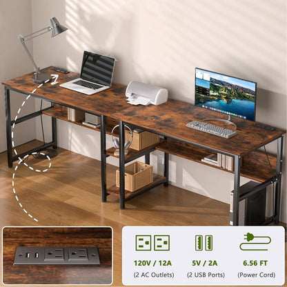 Spacious Two Person Desk with Power Strips and Shelves