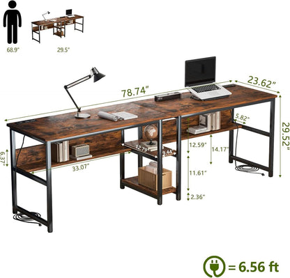 Spacious Two Person Desk with Power Strips and Shelves