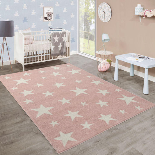 Stars Rug Kids for Nursery in Pink White Pastel Colors