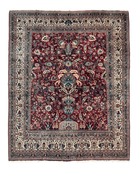 Antique Persian Mashad Rug 10x12, Red and Ivory, Signed by Master Weaver