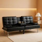 Black Leather Futon Sofa Bed With Adjustable Armrests And Cup Holders