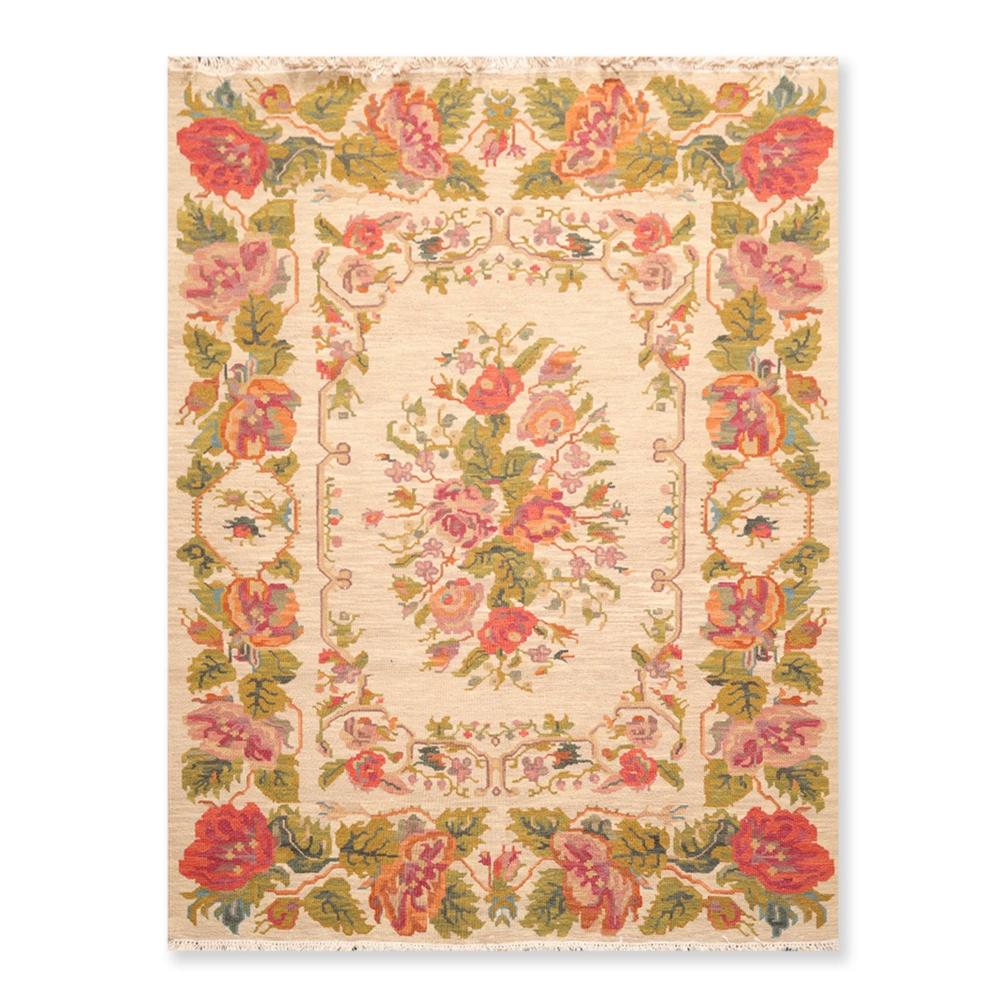 5'6" x 7'6" Hand Knotted Wool Reversible Floral Area Rug Beige