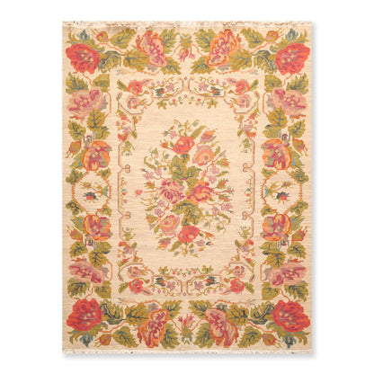 5'6" x 7'6" Hand Knotted Wool Reversible Floral Area Rug Beige