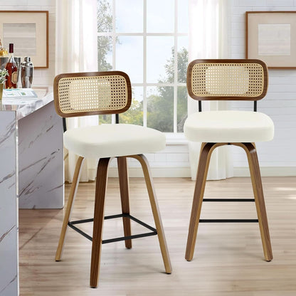 Swivel Counter Height Bar Stools Cream White Rattan Back