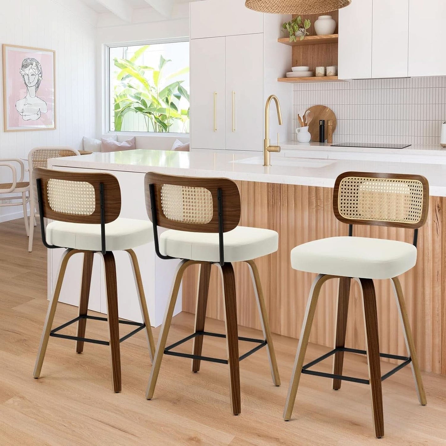 Swivel Counter Height Bar Stools Set of 4 Cream Upholstered Rattan Back
