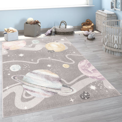 Kids Rug Nino Space with pastel colored Planets and Stars in Grey