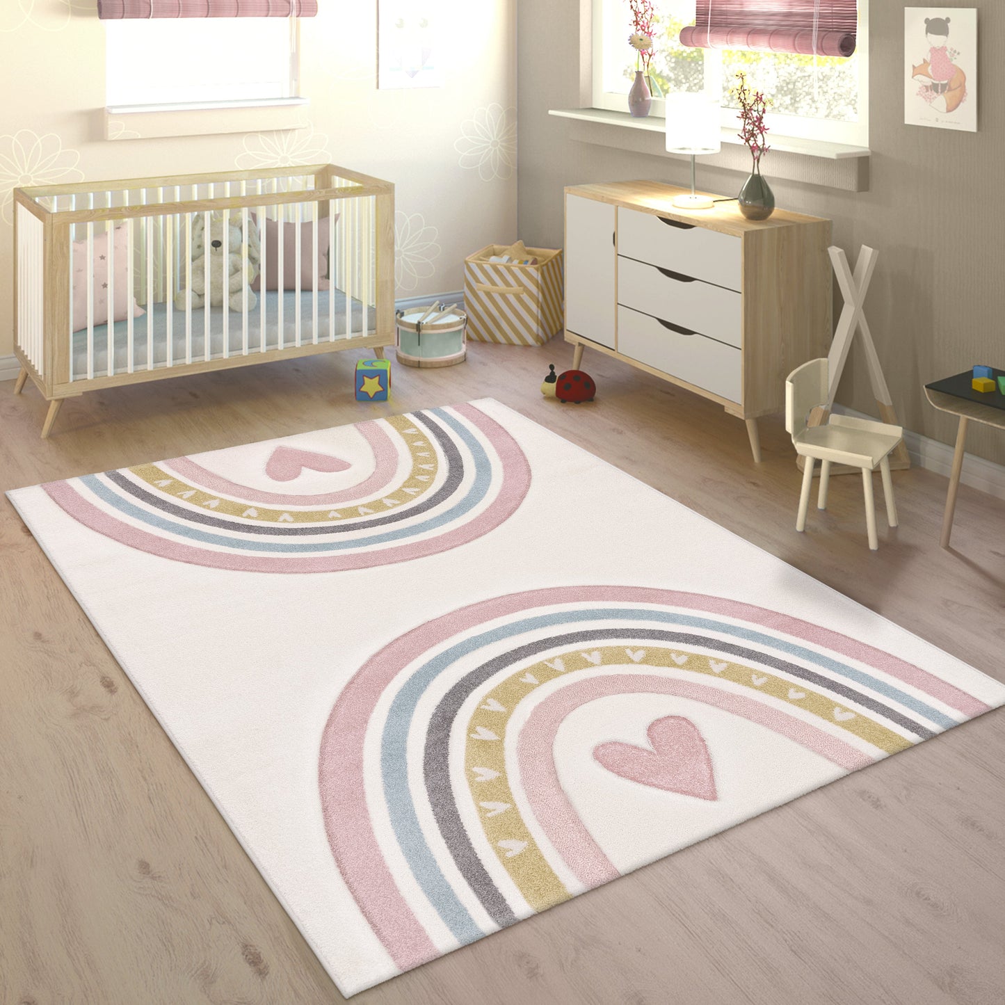 Kids Rug Cosmo with Rainbow & Hearts in Cream