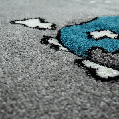 Space Rug for Kids with Astronauts & Rockets in Grey