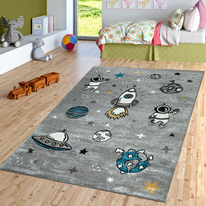 Space Rug for Kids with Astronauts & Rockets in Grey