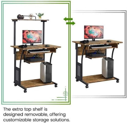 Three Tier Rolling Computer Desk with Keyboard Tray