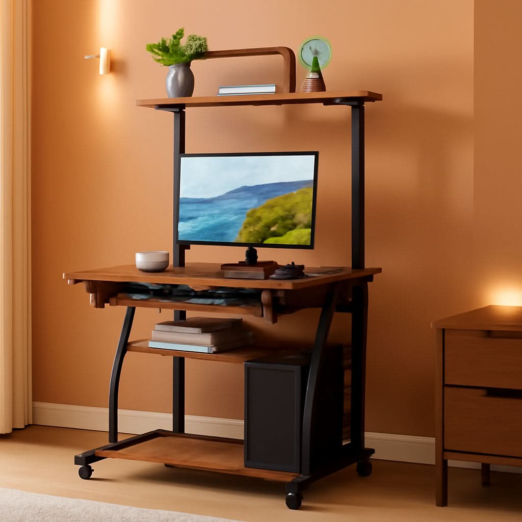 3 Layer Computer Table Three Tier Rolling Computer Desk with Keyboard Tray – Roy's Home