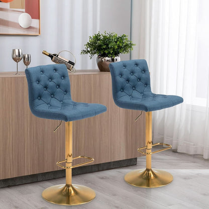 Tufted Fabric Bar Stool Set Of 2 Blue Upholstered Swivel Counter Height Chairs
