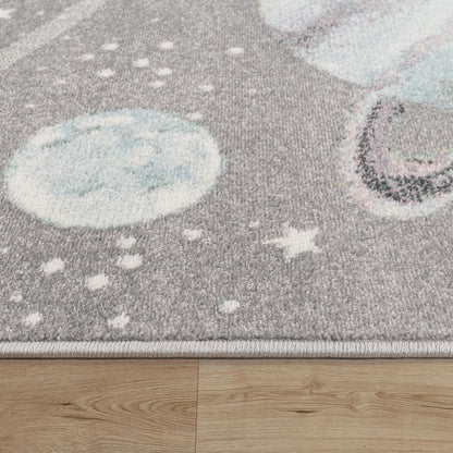Kids Rug Nino Space with pastel colored Planets and Stars in Grey
