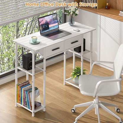 White Computer Desk 37.3 Inch With Drawers And Storage Shelves