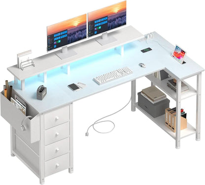 White L Shaped Desk With Monitor Stand 55 Inch LED Lighting