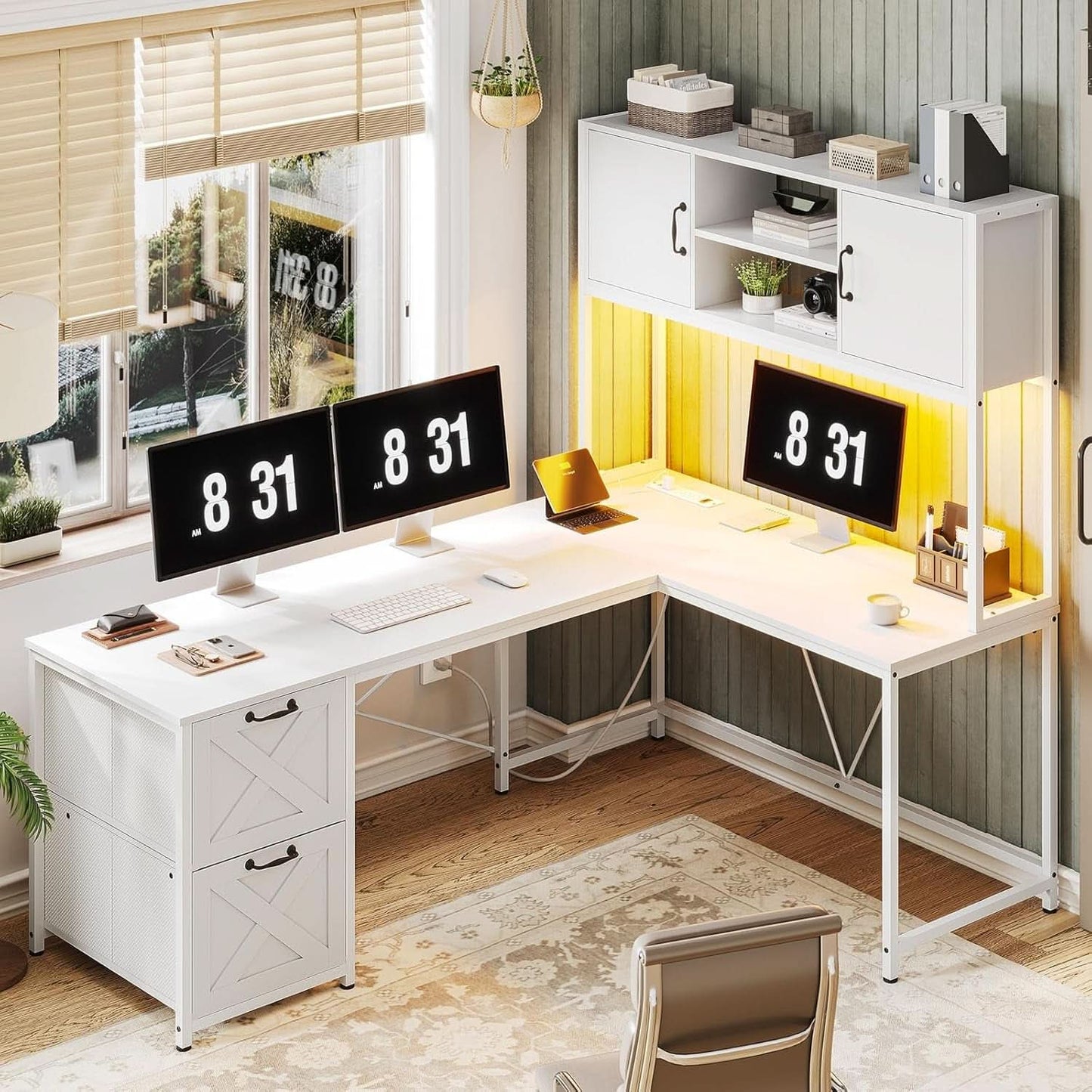 White L Shaped Desk With Fabric File Drawers And Storage