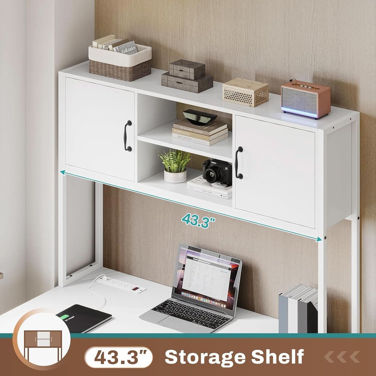 White L Shaped Desk With Fabric File Drawers And Storage
