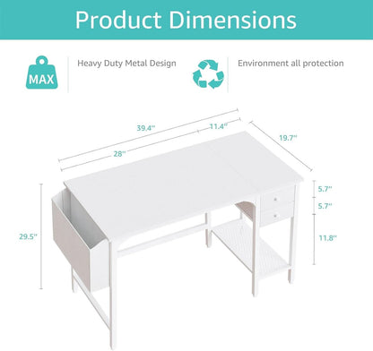 White 40 Inch Computer Desk With Drawers For Small Space Home Office