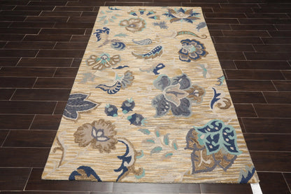 5' x 8' Handmade Wool Loop Pile Floral Traditional Oriental Area Rug Beige